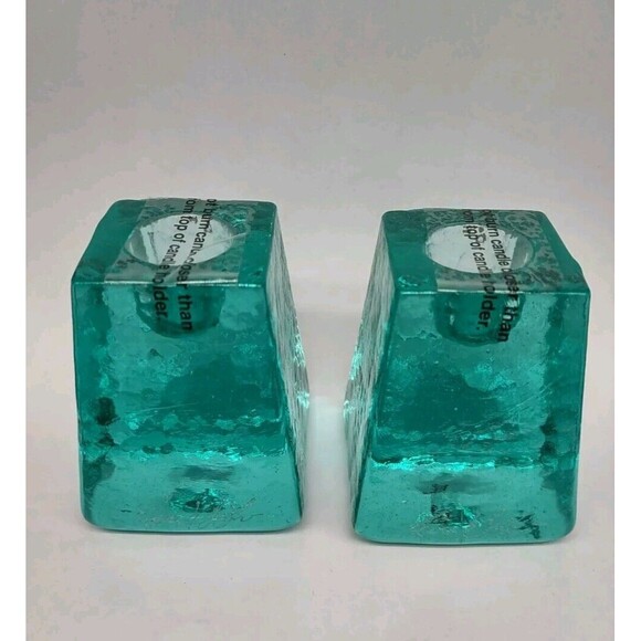 FIRE & LIGHT Recycled Art Glass 2.5" Aqua Blue Green Candlesticks - Picture 7 of 7